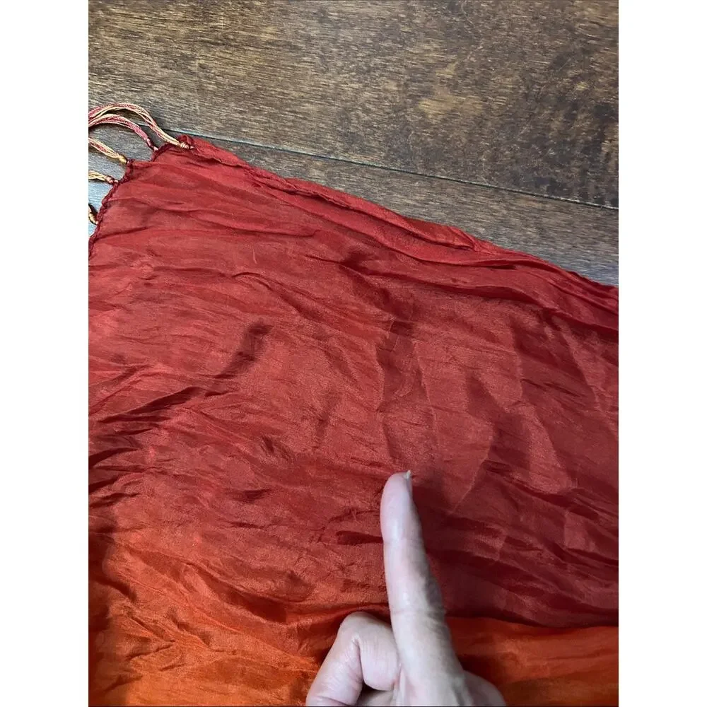 Vibrant Ombre Red-Orange Fringe Scarf, Lightweight Silky Crinkle Fabric